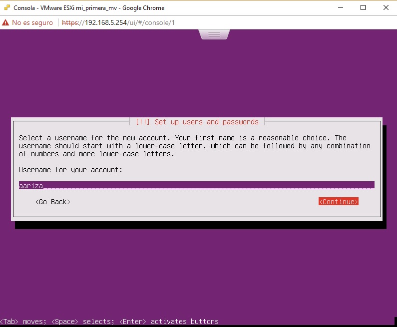 Asignación de nombre de usuario para Ubuntu Server en VMWare
