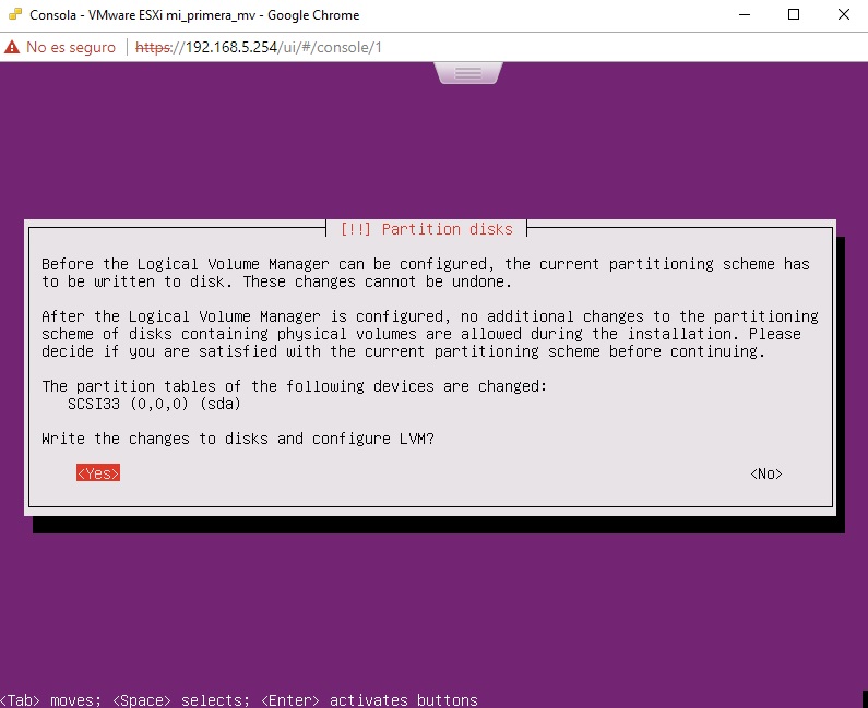 Confirmar cambios disco duro para Ubuntu Server en VMWare