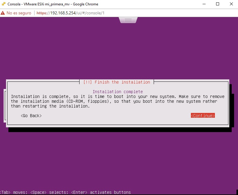Finalización de instalación de Ubuntu Server en VMWare