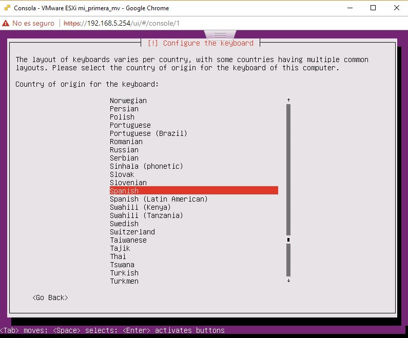 Menú 2 idioma teclado Ubuntu Server en VMWare