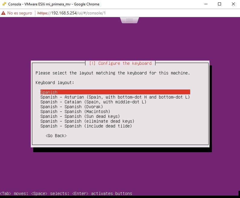 Menú 3 idioma teclado Ubuntu Server en VMWare