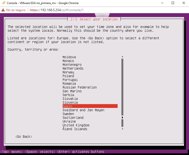 Menú 3 zona horaria Ubuntu Server en VMWare