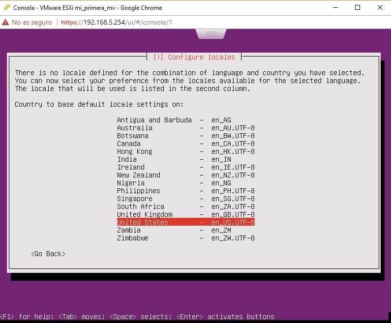 Menú codificación unicode Ubuntu Server en VMWare