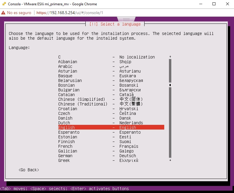 Menú idioma Ubuntu Server en VMWare