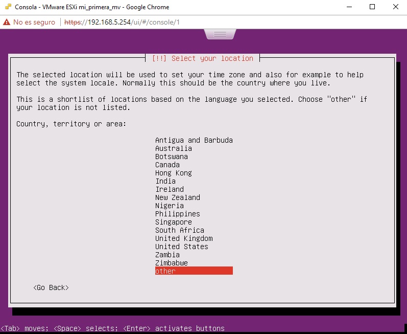 Menú zona horaria Ubuntu Server en VMWare