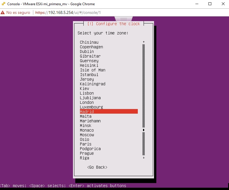 Verificación 2 zona horaria para Ubuntu Server en VMWare