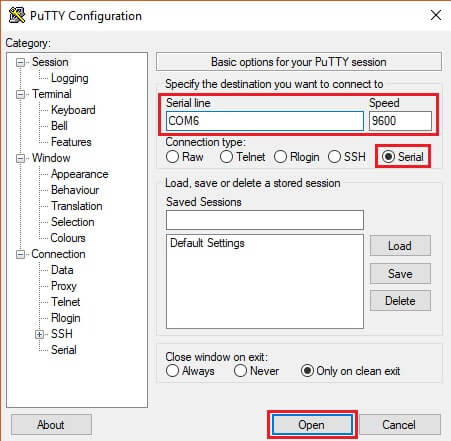 Configuración PuTTY para conexión por consola